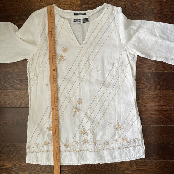 Autograph White 100% Irish Linen Tunic Blouse top withGold/Silver-MED - Picture 8 of 9